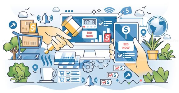 Online auction and digital bid website for purchases outline hands concept