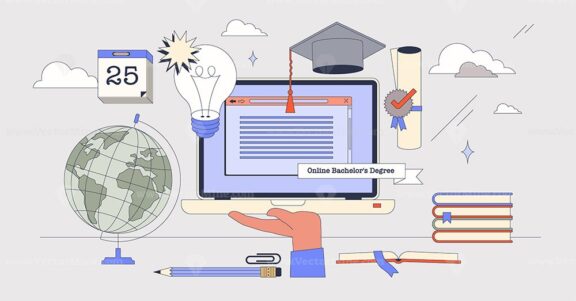 Online bachelors degree using web service tiny person neubrutalism concept
