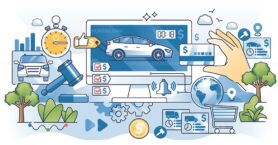 Online car auction on digital vehicle sale platform outline hands concept