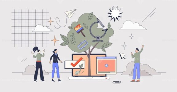 Online courses and knowledge using internet tiny person neubrutalism concept