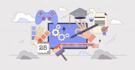 Online degree in video game design career tiny person neubrutalism concept