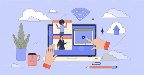 Online learning and e-learning study tiny person neubrutalism hands concept
