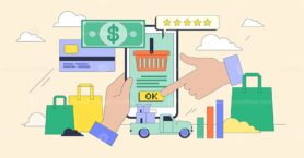 Online marketplace and e-commerce platform tiny person neubrutalism concept