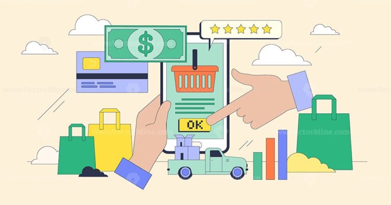 Online marketplace and e-commerce platform tiny person neubrutalism concept
