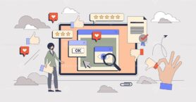 Online reputation and client feedback rating tiny person neubrutalism concept