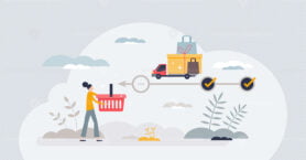 Online shopping with purchase delivery from website store tiny person concept