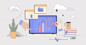 Online training course about data analytics tiny person neubrutalism concept