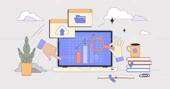 Online training course about data analytics tiny person neubrutalism concept