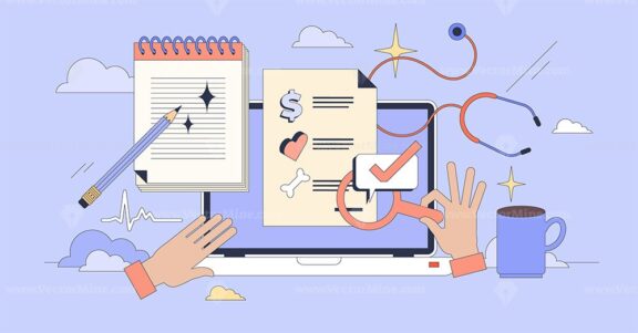Online training for medical billing, coding tiny person neubrutalism concept
