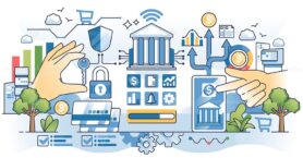 Open banking application for money transfer APIs outline hands concept