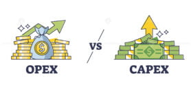 Opex vs capex expenditure comparison as strategy difference outline diagram