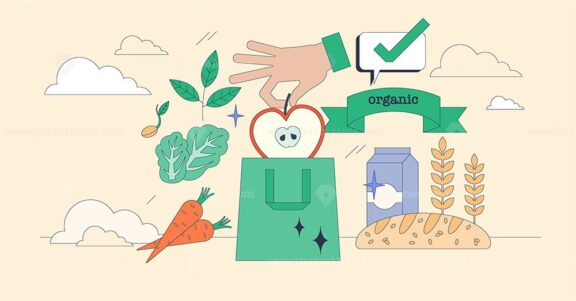 Organic grocery and local food choice tiny person neubrutalism concept