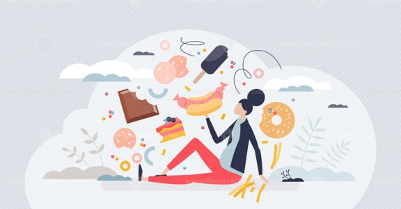 Overeating and unhealthy lifestyle with sweets eating tiny person concept