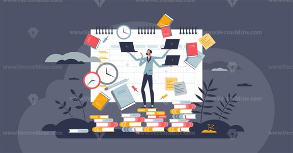 Overemployment and struggle about busy time schedule tiny person concept