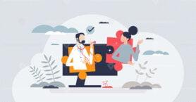 Patient engagement and customer loyalty to medical clinic tiny person concept