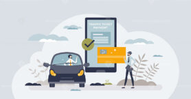 Pay traffic ticket online with bank transaction or card tiny person concept
