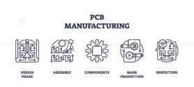 PCB manufacturing or circuit board production outline icons collection set