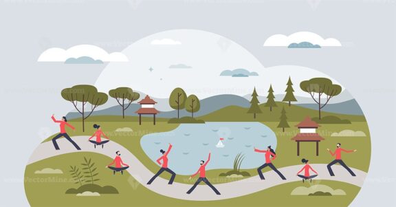 Peaceful wellness escape group for relaxation in nature tiny person concept