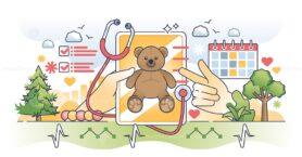 Pediatric EMR or electric medical records database outline hands concept