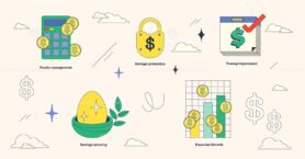 Illustration of financial growth, savings protection, and funds management in neubrutalism style collection.