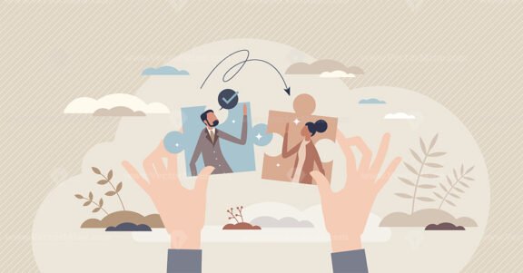 People collaboration and connect business together tiny person concept