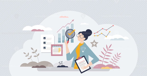 Performance reviews and annual business data evaluation tiny person concept