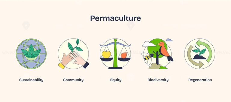 Permaculture icons depict sustainability, community, and biodiversity with scales, hands, and a bird. Neubrutalism style.