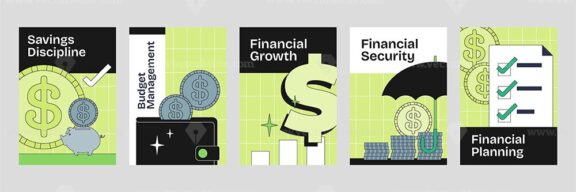Personal finance poster with coins, dollar signs, and checklists, illustrating budgeting and growth in Neubrutalism style.