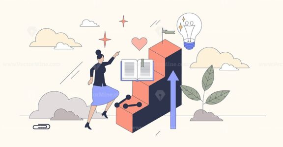 Personal growth with work, life development tiny person neubrutalism concept