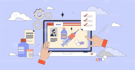 Pharmacy tech online training for pharmacist tiny person neubrutalism concept