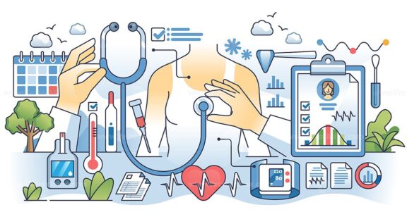 Physical examination and patient health checkup outline hands concept