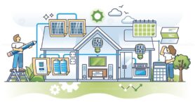 Planning home solar electric system with panels installation outline concept