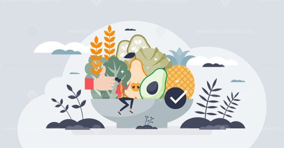 Plant forward diet with vegetables, seeds and lettuce tiny person concept