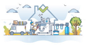 Plumber service with professional faucet or pipes fix work outline concept