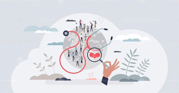 Population health management and global community care tiny person concept