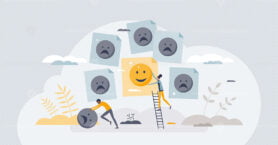Positive attitude with optimistic behavior and mindset tiny person concept
