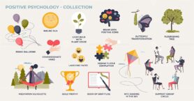 Positive psychology for happy attitude or behavior tiny person collection set