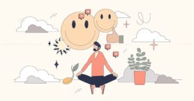 Positive thinking and happy mental emotions tiny person neubrutalism concept