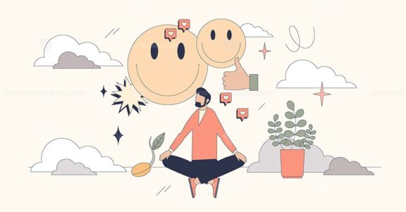 Positive thinking and happy mental emotions tiny person neubrutalism concept