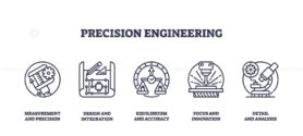 Precision engineering focuses on accuracy with icons of calipers, gears, and microscopes. Outline icons set.