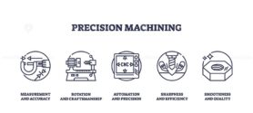 Precision machining involves accuracy, automation, and quality. Key objects, caliper, CNC machine, bolt. Outline icons set