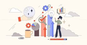 Predictive analytics and data forecasting tiny person neubrutalism concept