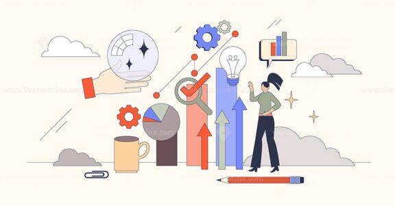 Predictive analytics and data forecasting tiny person neubrutalism concept