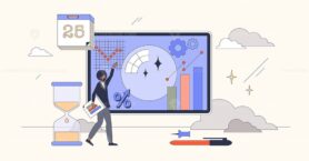 Predictive analytics with data forecasting tiny person neubrutalism concept