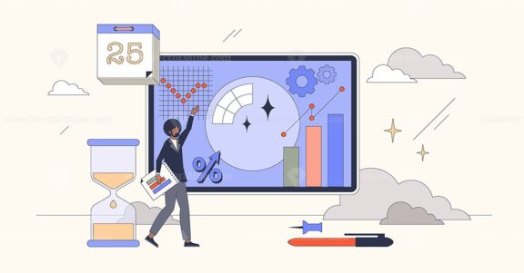 Predictive analytics with data forecasting tiny person neubrutalism concept