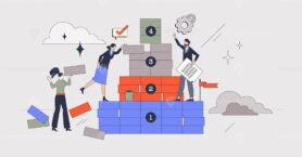 Prioritization as effective work tasks management retro tiny person concept