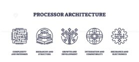 Processor architecture icons outline complexity, hierarchy, growth, and integration. Outline icons set.