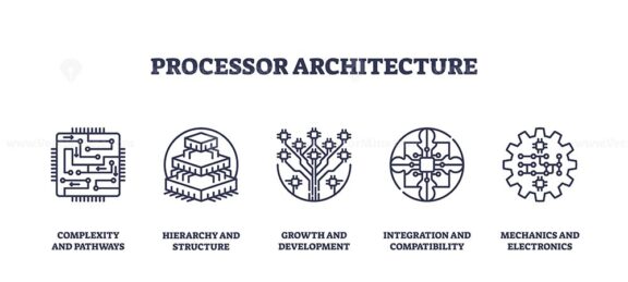 Processor architecture icons outline complexity, hierarchy, growth, and integration. Outline icons set.
