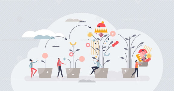 Product development life cycle with all process stages tiny person concept
