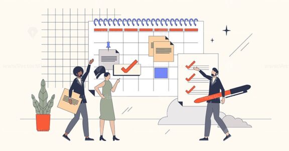 Project planning and business tasks organization retro tiny person concept